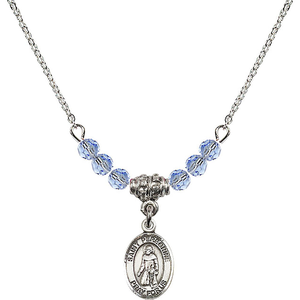 Sterling Silver Saint Peregrine Laziosi Birthstone Necklace with Light Sapphire Beads - 9088