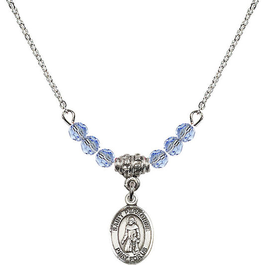 Sterling Silver Saint Peregrine Laziosi Birthstone Necklace with Light Sapphire Beads - 9088