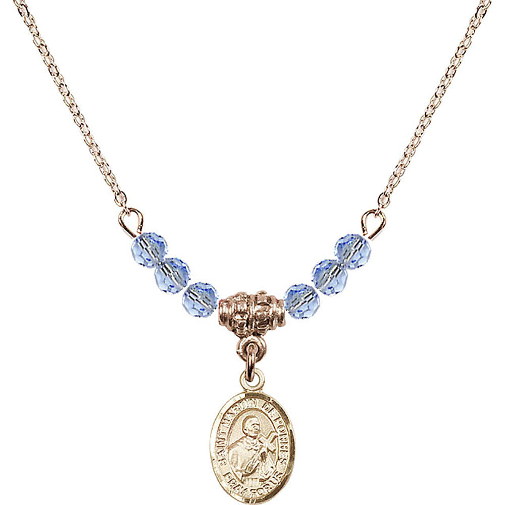 14kt Gold Filled Saint Martin de Porres Birthstone Necklace with Light Sapphire Beads - 9089