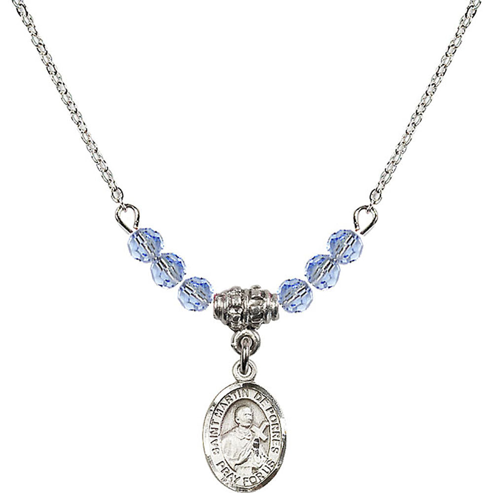 Sterling Silver Saint Martin de Porres Birthstone Necklace with Light Sapphire Beads - 9089