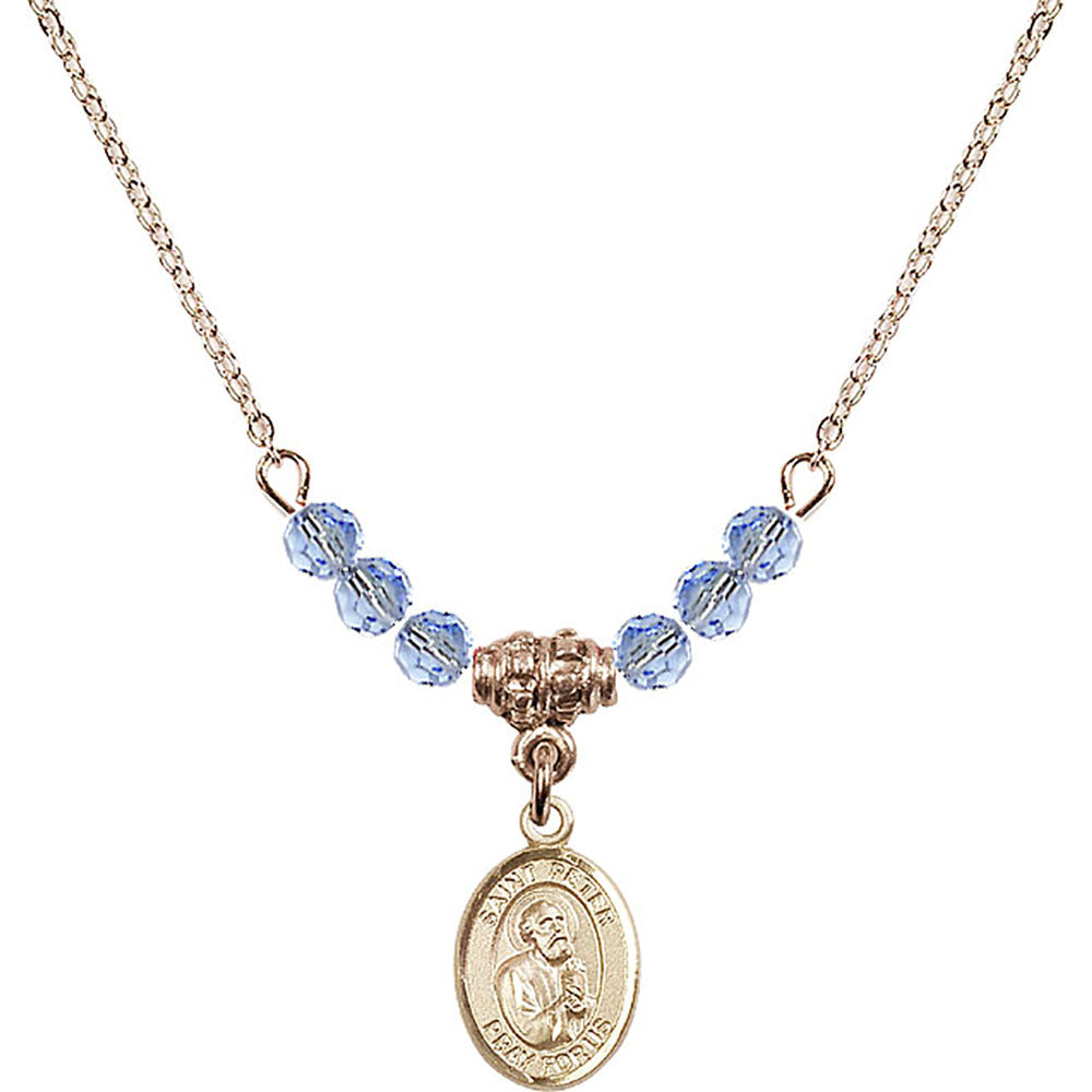 14kt Gold Filled Saint Peter the Apostle Birthstone Necklace with Light Sapphire Beads - 9090