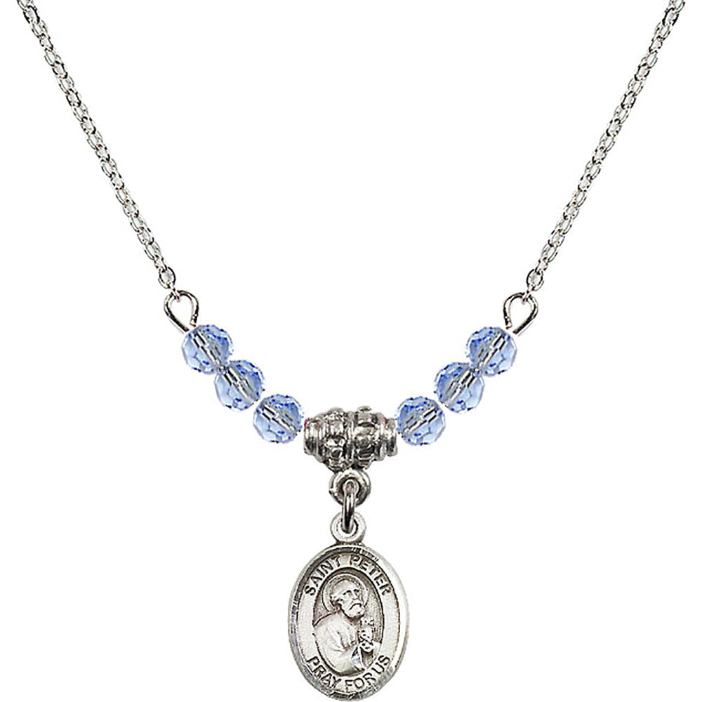 Sterling Silver Saint Peter the Apostle Birthstone Necklace with Light Sapphire Beads - 9090
