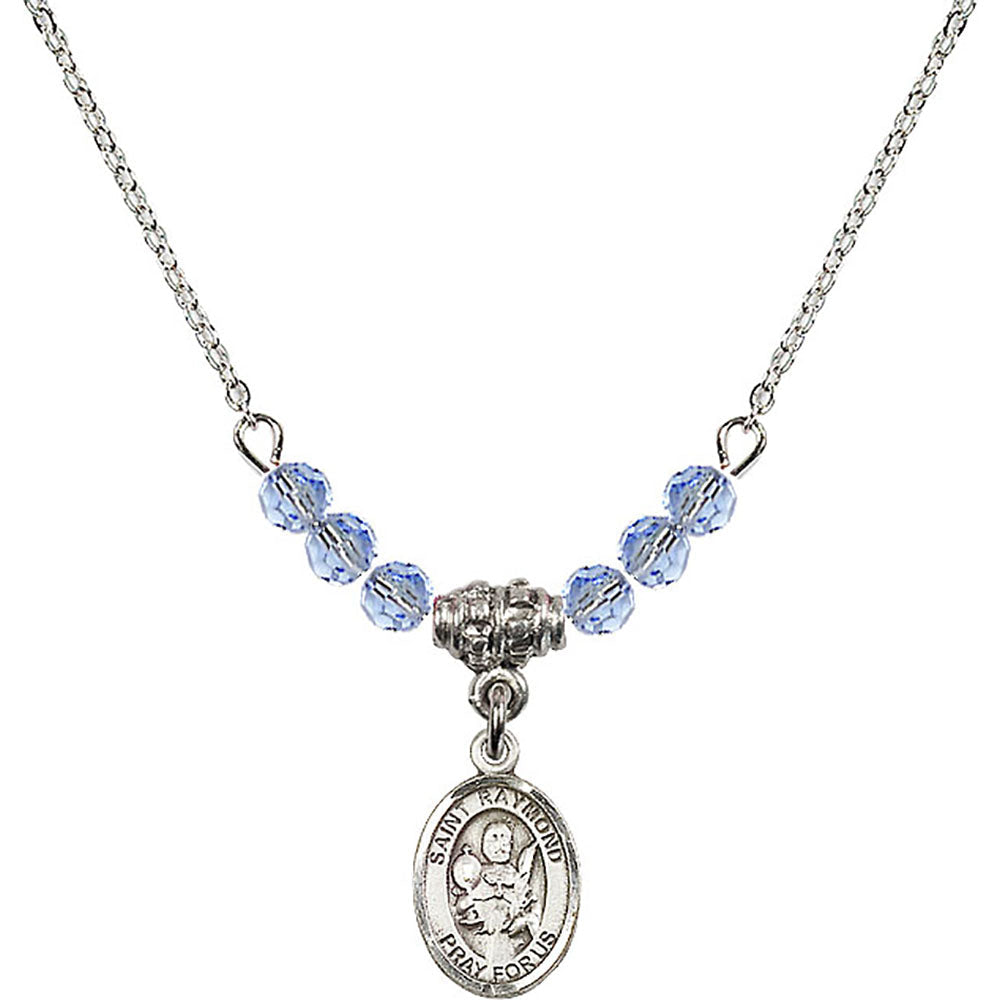 Sterling Silver Saint Raymond Nonnatus Birthstone Necklace with Light Sapphire Beads - 9091