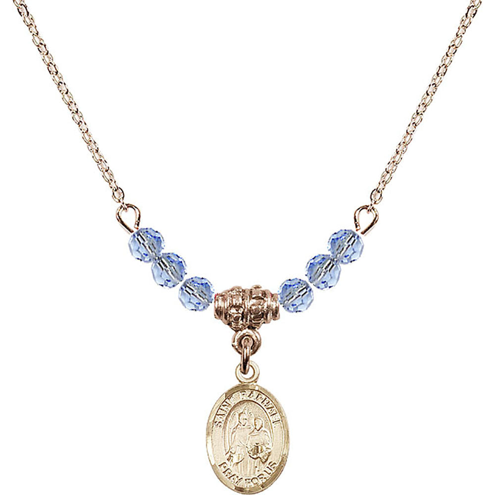 14kt Gold Filled Saint Raphael the Archangel Birthstone Necklace with Light Sapphire Beads - 9092