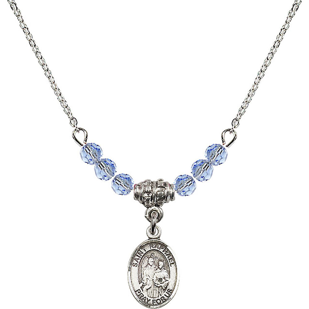 Sterling Silver Saint Raphael the Archangel Birthstone Necklace with Light Sapphire Beads - 9092
