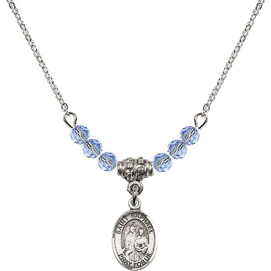 Sterling Silver Saint Raphael the Archangel Birthstone Necklace with Light Sapphire Beads - 9092