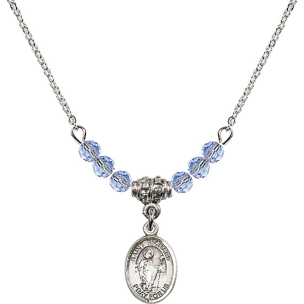 Sterling Silver Saint Richard Birthstone Necklace with Light Sapphire Beads - 9093