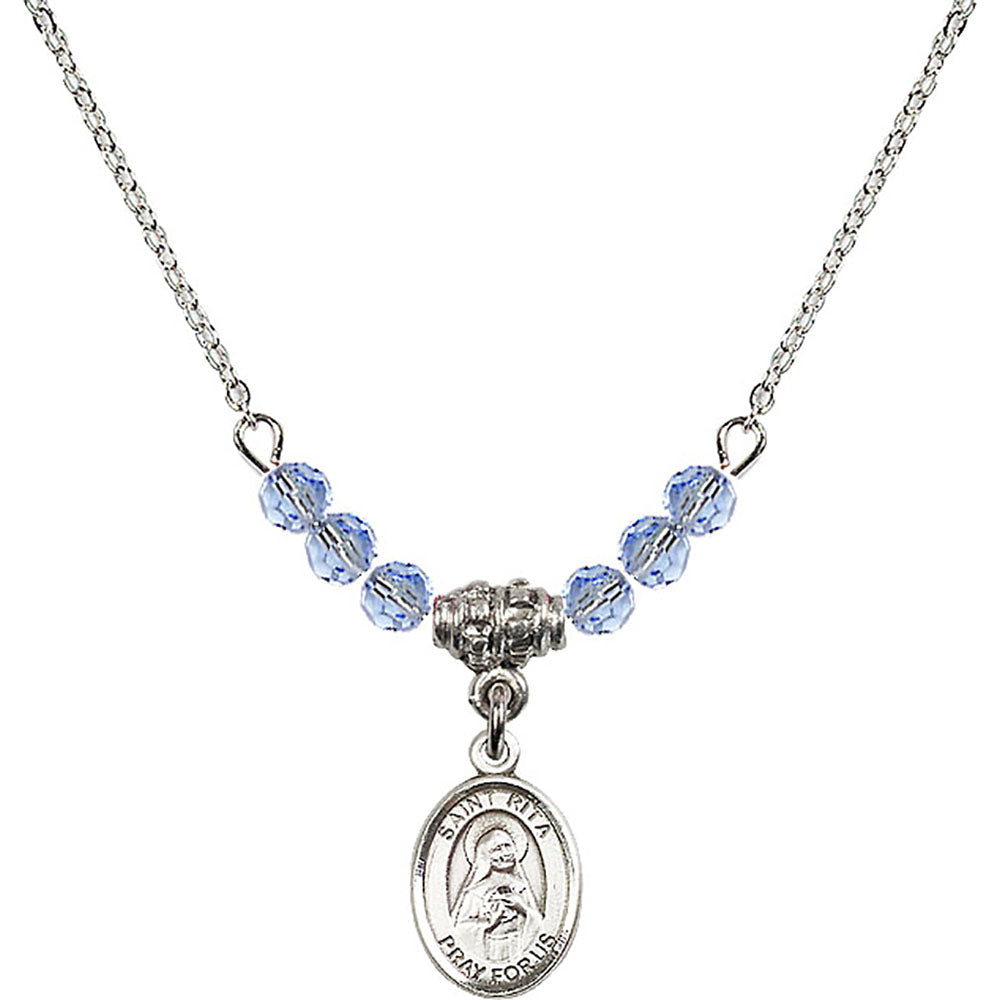 Sterling Silver Saint Rita of Cascia Birthstone Necklace with Light Sapphire Beads - 9094