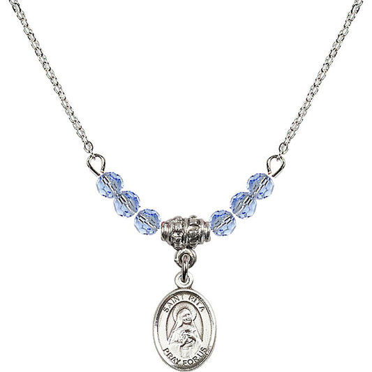Sterling Silver Saint Rita of Cascia Birthstone Necklace with Light Sapphire Beads - 9094