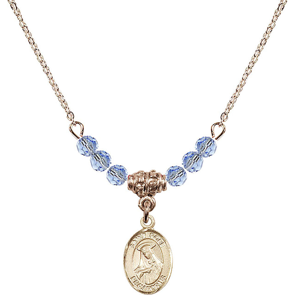 14kt Gold Filled Saint Rose of Lima Birthstone Necklace with Light Sapphire Beads - 9095