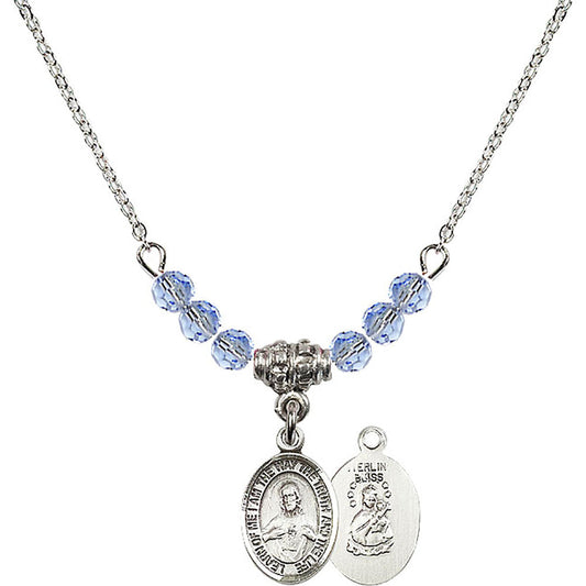 Sterling Silver Scapular Birthstone Necklace with Light Sapphire Beads - 9098