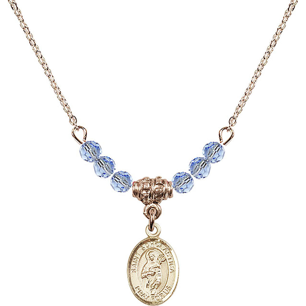 14kt Gold Filled Saint Scholastica Birthstone Necklace with Light Sapphire Beads - 9099