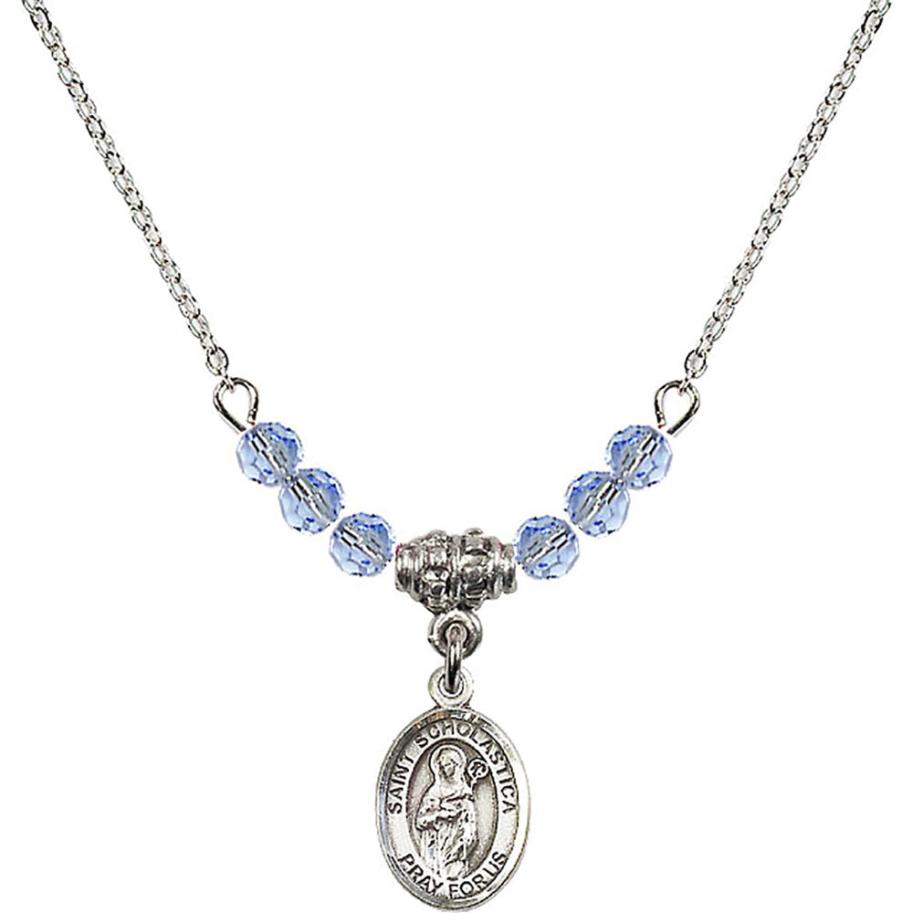 Sterling Silver Saint Scholastica Birthstone Necklace with Light Sapphire Beads - 9099
