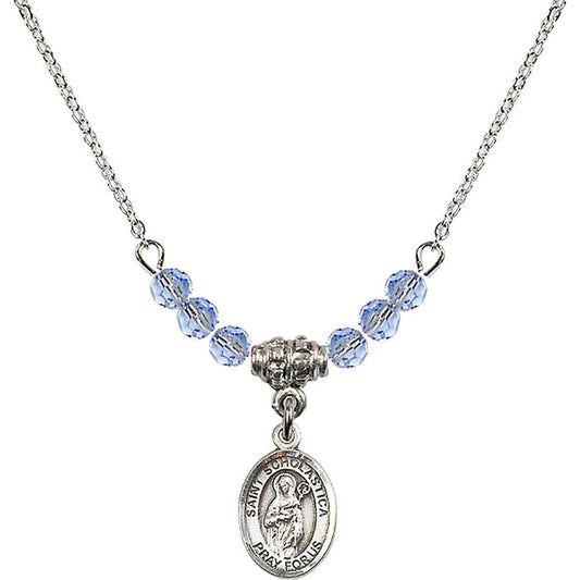 Sterling Silver Saint Scholastica Birthstone Necklace with Light Sapphire Beads - 9099