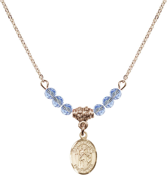 14kt Gold Filled Saint Sebastian Birthstone Necklace with Light Sapphire Beads - 9100