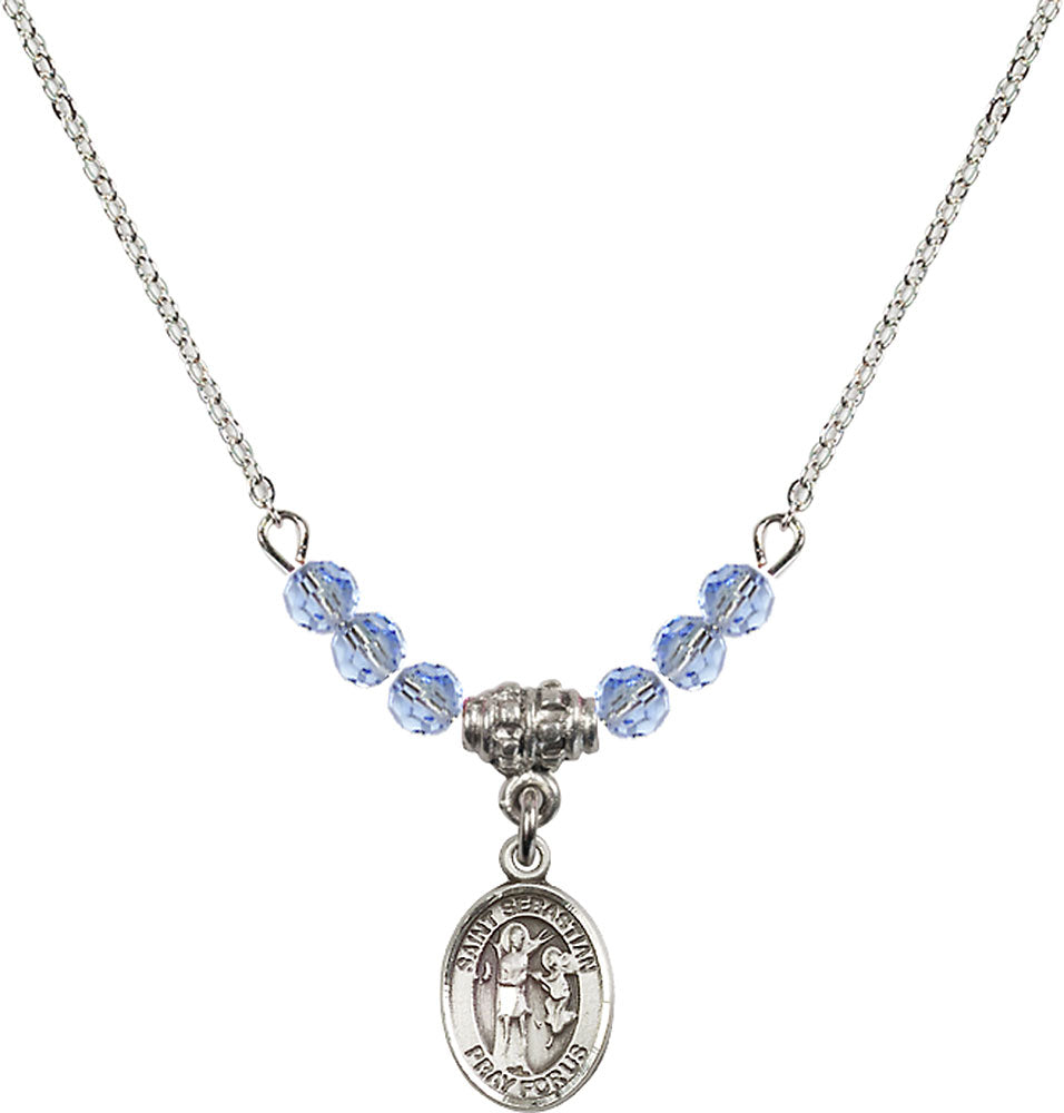 Sterling Silver Saint Sebastian Birthstone Necklace with Light Sapphire Beads - 9100