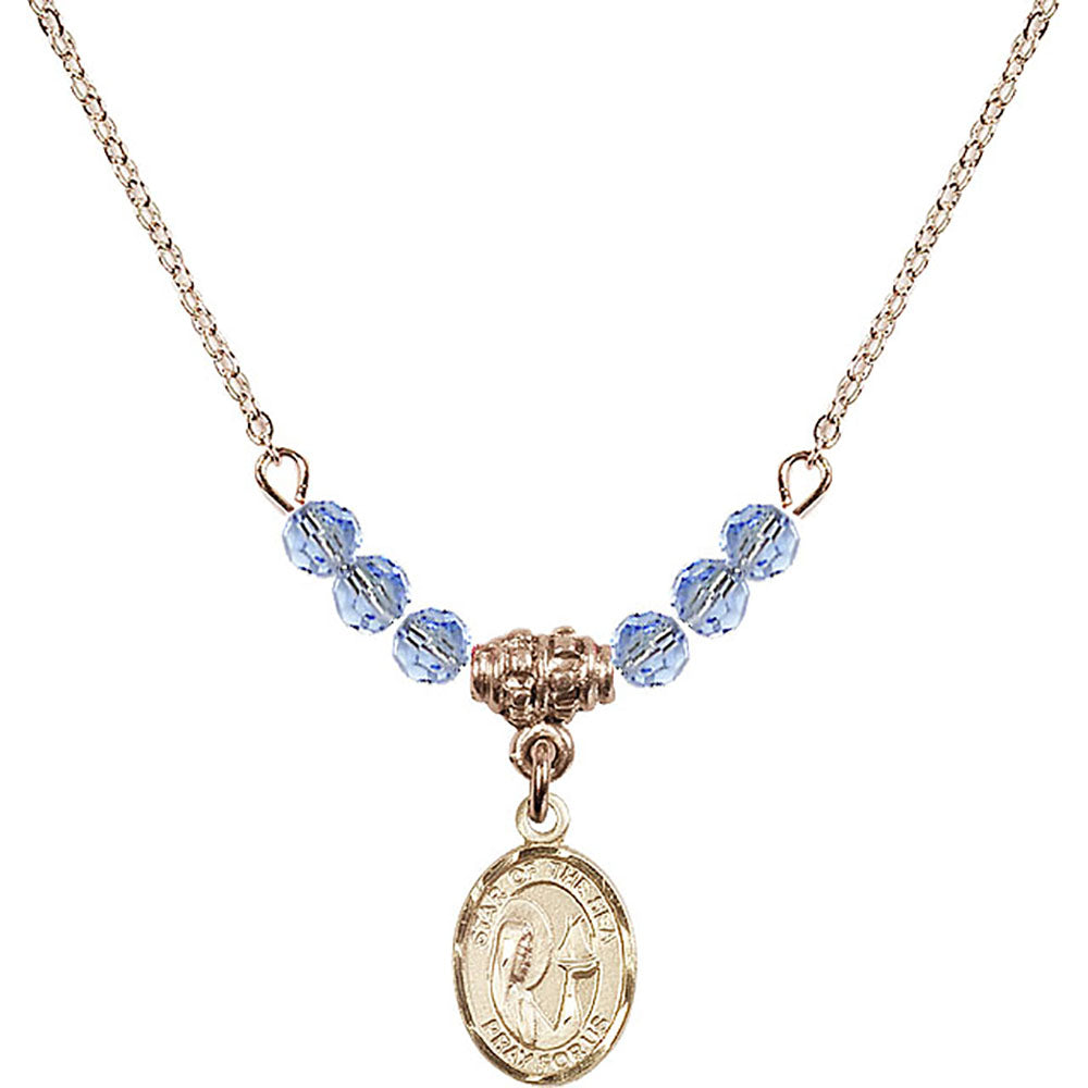 14kt Gold Filled Our Lady Star of the Sea Birthstone Necklace with Light Sapphire Beads - 9101