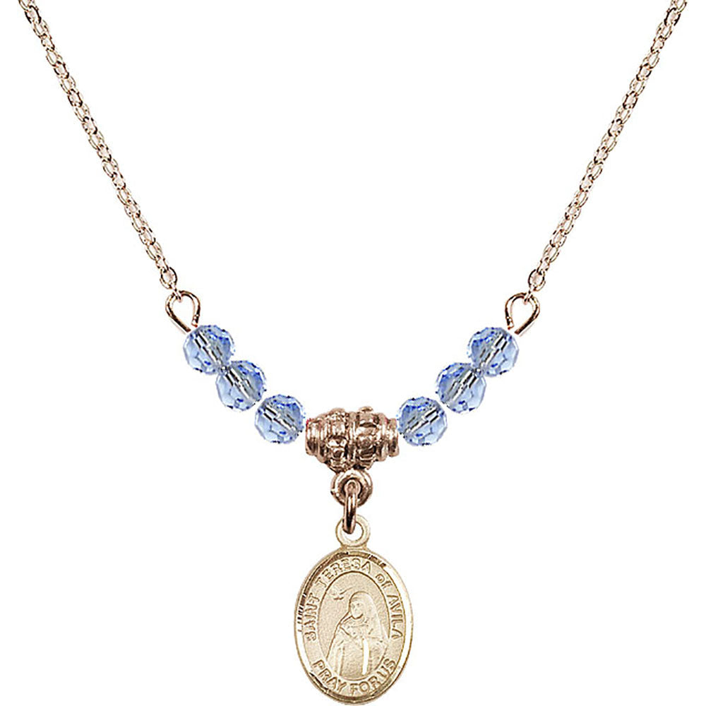 14kt Gold Filled Saint Teresa of Avila Birthstone Necklace with Light Sapphire Beads - 9102