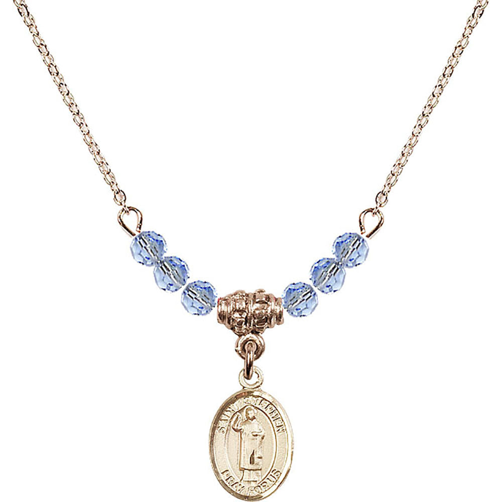 14kt Gold Filled Saint Stephen the Martyr Birthstone Necklace with Light Sapphire Beads - 9104