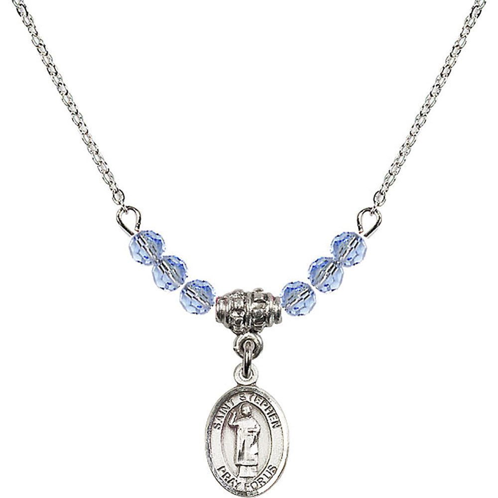 Sterling Silver Saint Stephen the Martyr Birthstone Necklace with Light Sapphire Beads - 9104