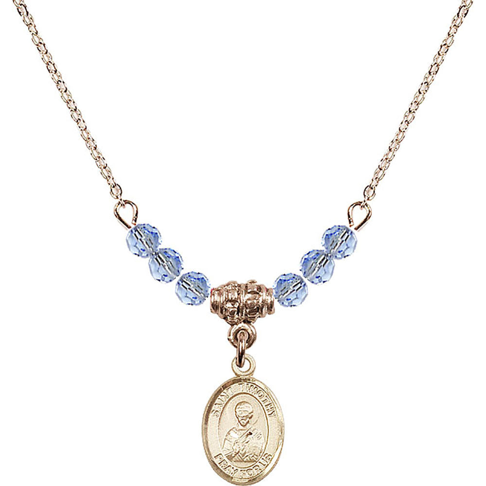 14kt Gold Filled Saint Timothy Birthstone Necklace with Light Sapphire Beads - 9105