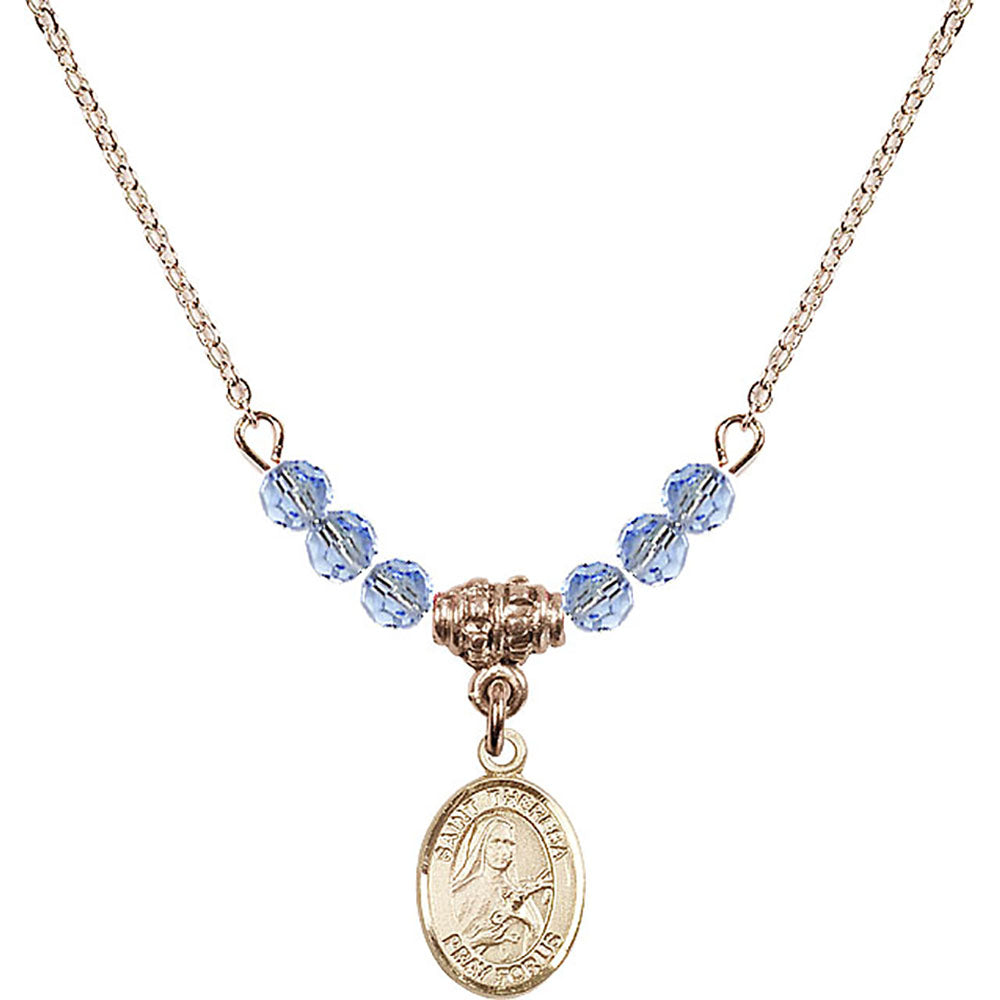 14kt Gold Filled Saint Theresa Birthstone Necklace with Light Sapphire Beads - 9106