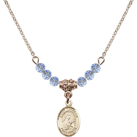 14kt Gold Filled Saint Theresa Birthstone Necklace with Light Sapphire Beads - 9106
