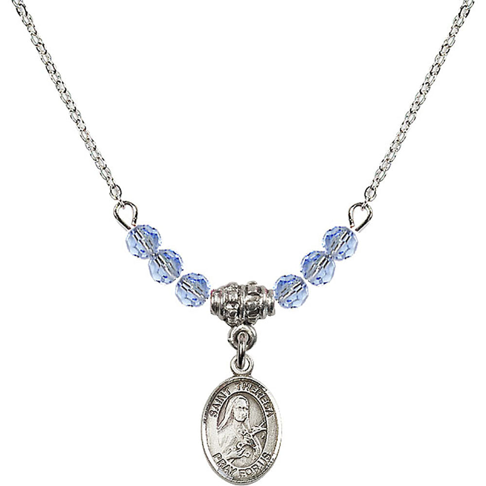 Sterling Silver Saint Theresa Birthstone Necklace with Light Sapphire Beads - 9106