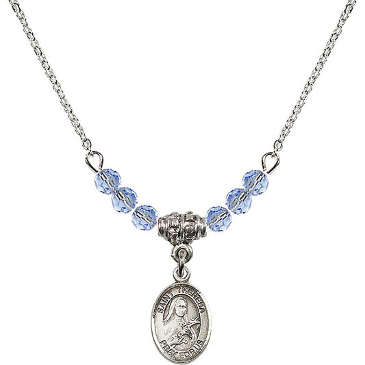 Sterling Silver Saint Theresa Birthstone Necklace with Light Sapphire Beads - 9106