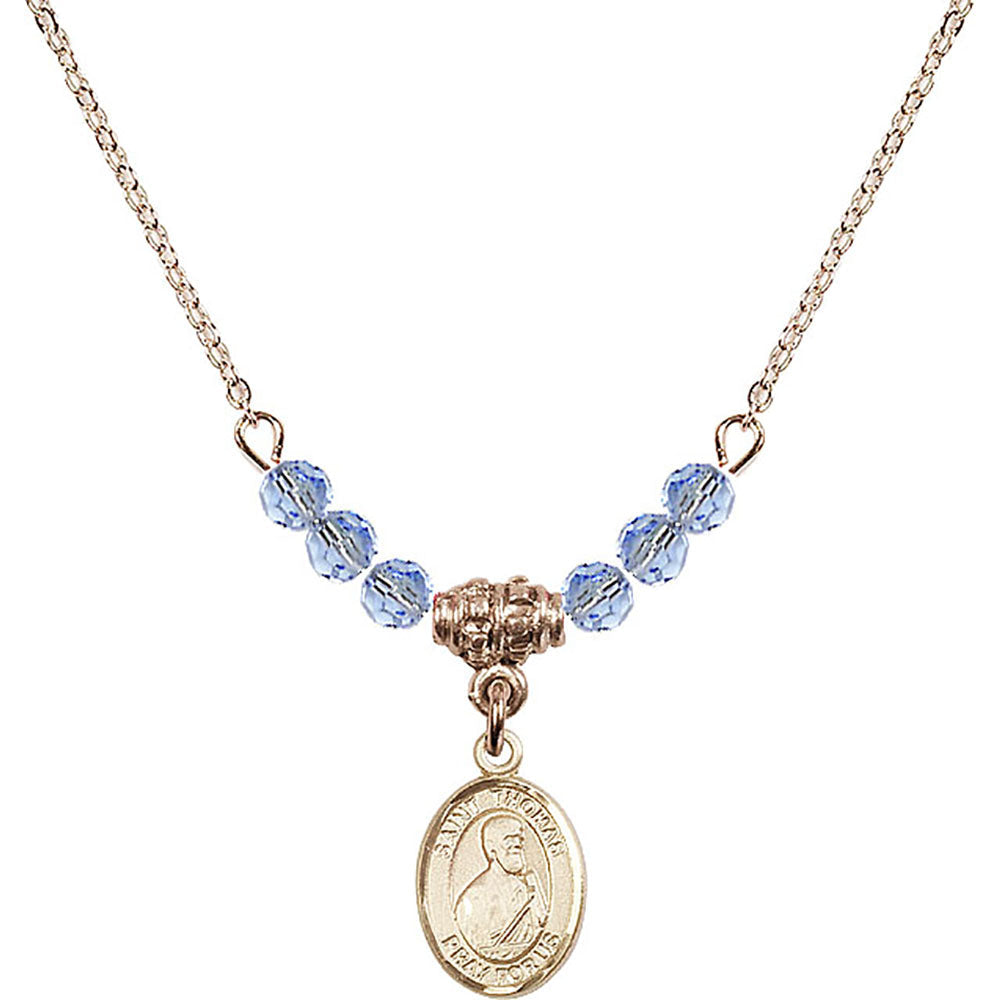 14kt Gold Filled Saint Thomas the Apostle Birthstone Necklace with Light Sapphire Beads - 9107