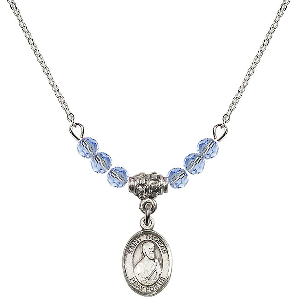 Sterling Silver Saint Thomas the Apostle Birthstone Necklace with Light Sapphire Beads - 9107