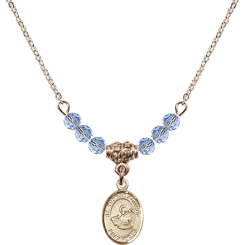 14kt Gold Filled Saint Thomas Aquinas Birthstone Necklace with Light Sapphire Beads - 9108