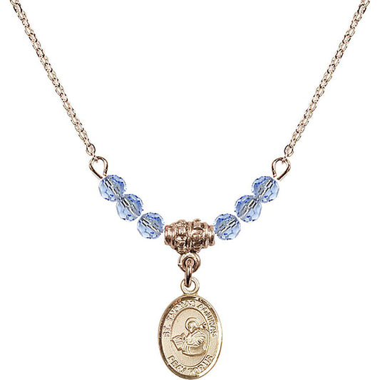 14kt Gold Filled Saint Thomas Aquinas Birthstone Necklace with Light Sapphire Beads - 9108