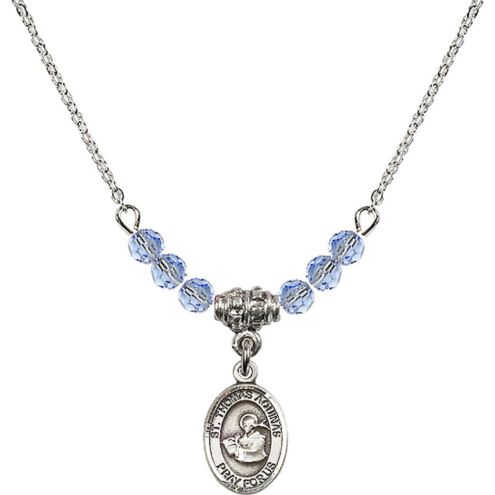 Sterling Silver Saint Thomas Aquinas Birthstone Necklace with Light Sapphire Beads - 9108