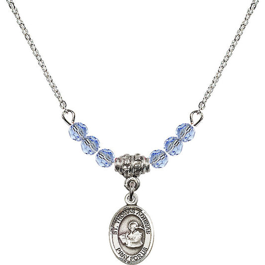 Sterling Silver Saint Thomas Aquinas Birthstone Necklace with Light Sapphire Beads - 9108