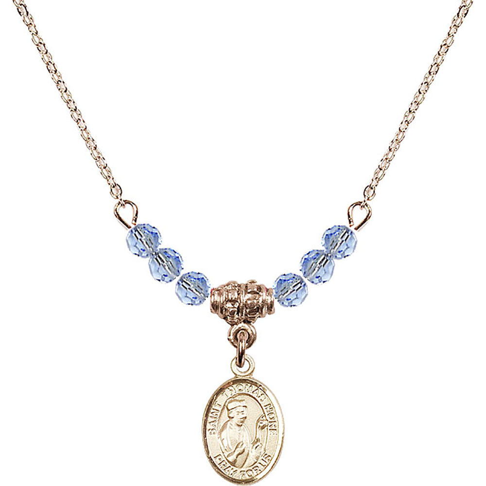 14kt Gold Filled Saint Thomas More Birthstone Necklace with Light Sapphire Beads - 9109