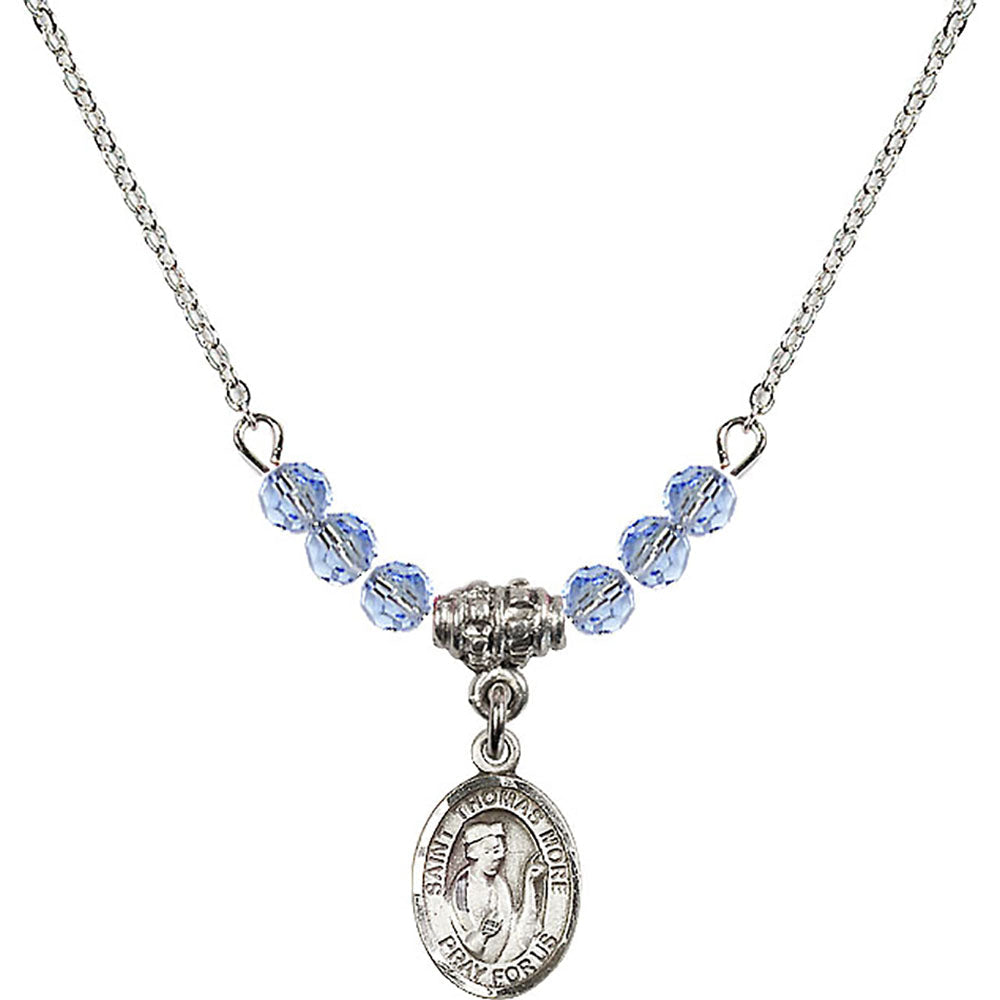Sterling Silver Saint Thomas More Birthstone Necklace with Light Sapphire Beads - 9109