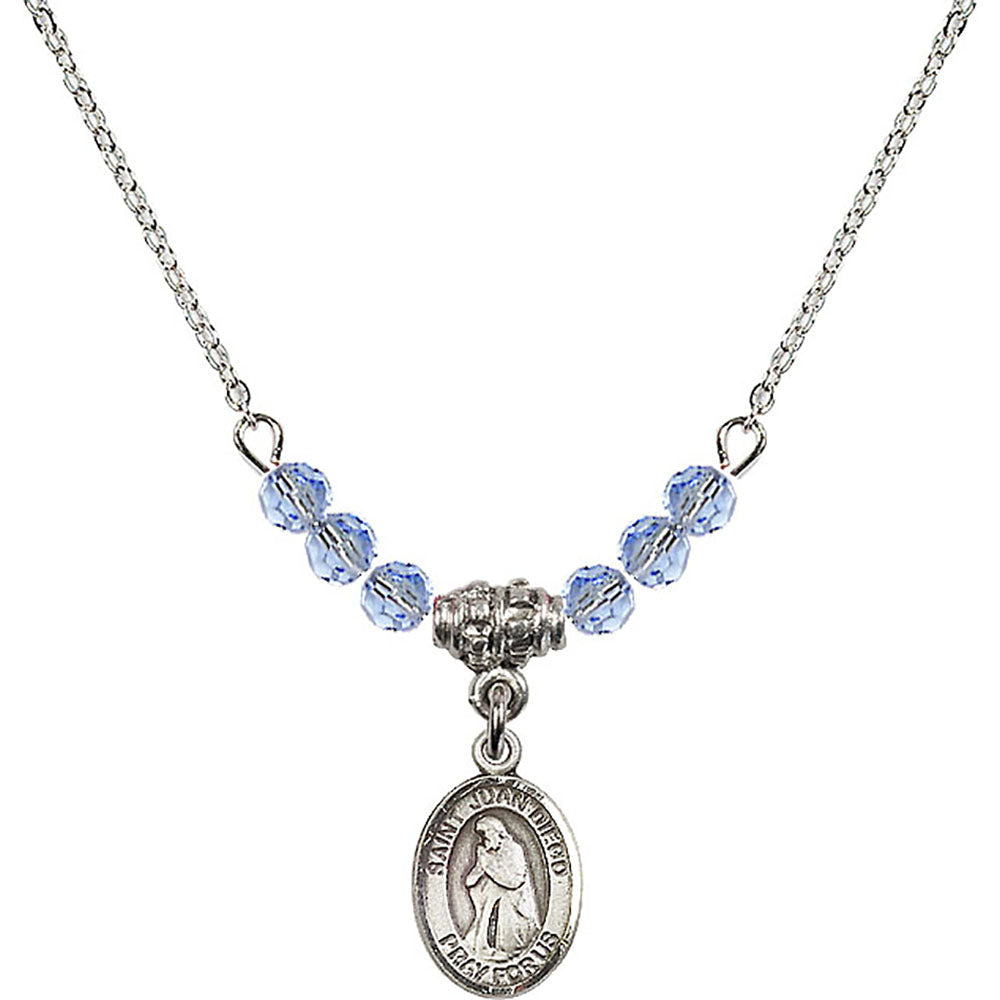 Sterling Silver Saint Juan Diego Birthstone Necklace with Light Sapphire Beads - 9111