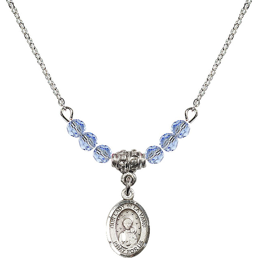 Sterling Silver Our Lady of la Vang Birthstone Necklace with Light Sapphire Beads - 9115