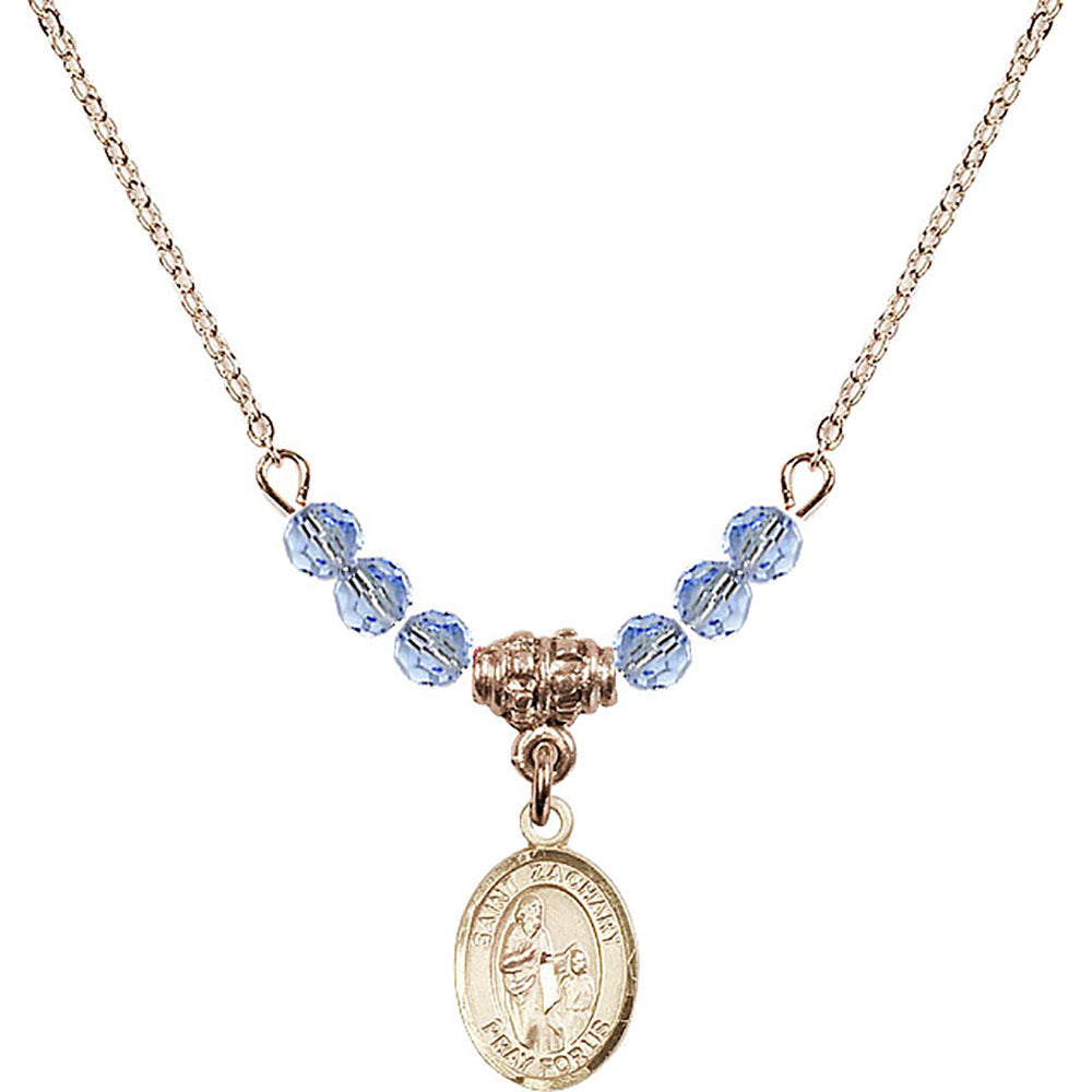 14kt Gold Filled Saint Zachary Birthstone Necklace with Light Sapphire Beads - 9116