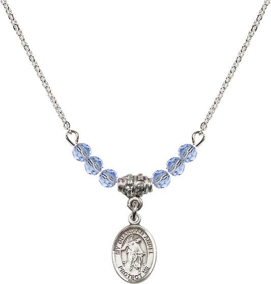 Sterling Silver Guardian Angel w/Child Birthstone Necklace with Light Sapphire Beads - 9118