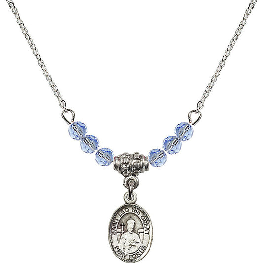 Sterling Silver Saint Leo the Great Birthstone Necklace with Light Sapphire Beads - 9120