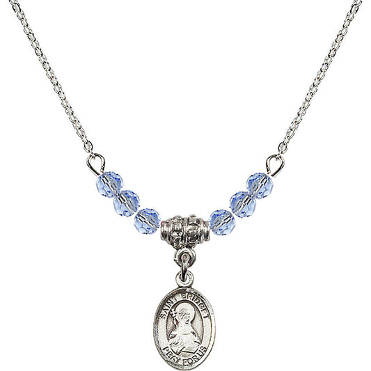 Sterling Silver Saint Bridget of Sweden Birthstone Necklace with Light Sapphire Beads - 9122