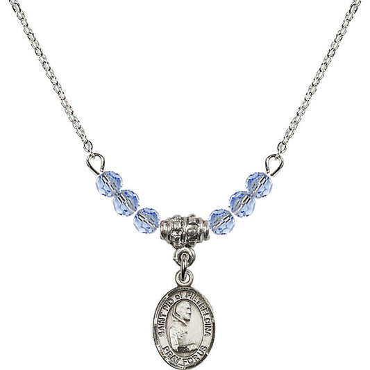 Sterling Silver Saint Pio of Pietrelcina Birthstone Necklace with Light Sapphire Beads - 9125