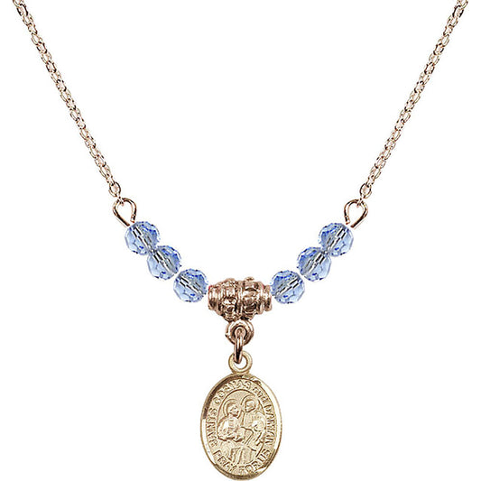 14kt Gold Filled Saints Cosmas & Damian Birthstone Necklace with Light Sapphire Beads - 9132