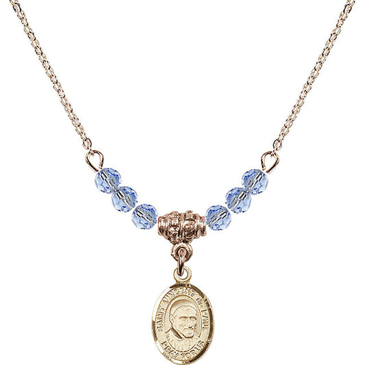 14kt Gold Filled Saint Vincent De Paul Birthstone Necklace with Light Sapphire Beads - 9134
