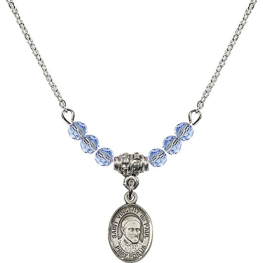 Sterling Silver Saint Vincent De Paul Birthstone Necklace with Light Sapphire Beads - 9134
