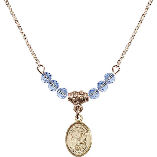 14kt Gold Filled Saint Jerome Birthstone Necklace with Light Sapphire Beads - 9135