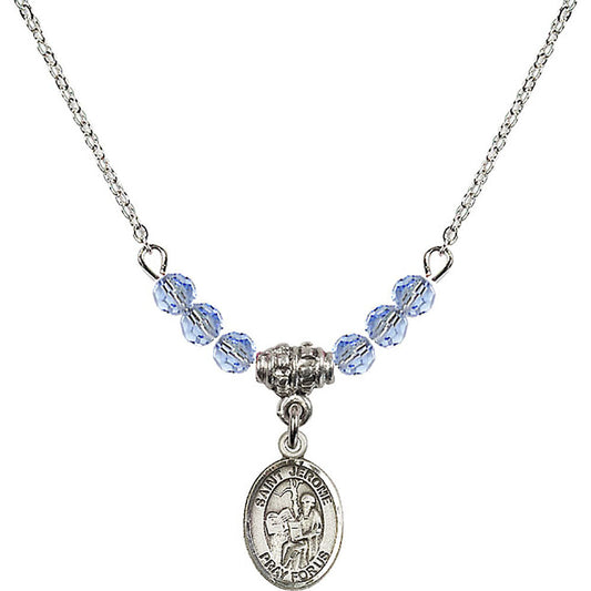 Sterling Silver Saint Jerome Birthstone Necklace with Light Sapphire Beads - 9135