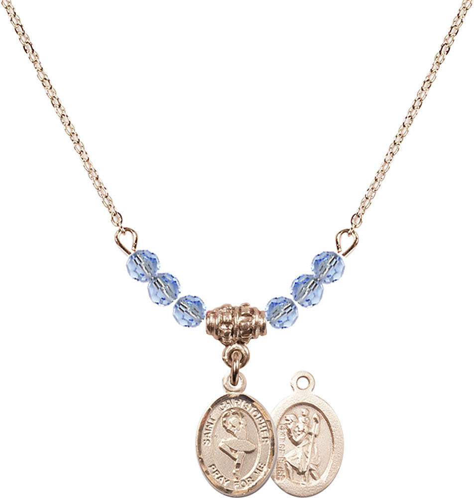 14kt Gold Filled Saint Christopher/Dance Birthstone Necklace with Light Sapphire Beads - 9143